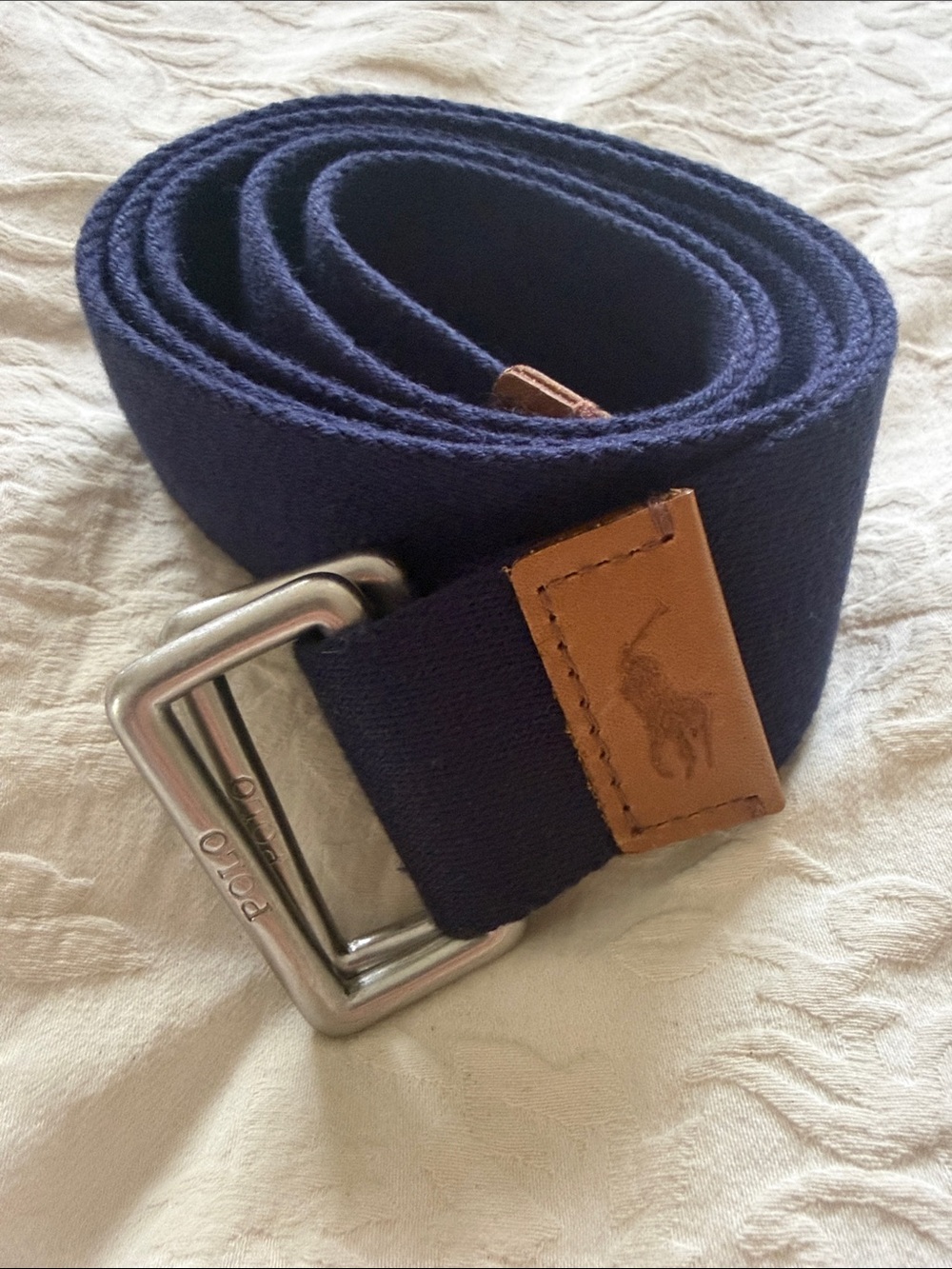 Polo by Ralph Lauren Navy Canvas Belt with Tan Leather Tab and Silver Buckle